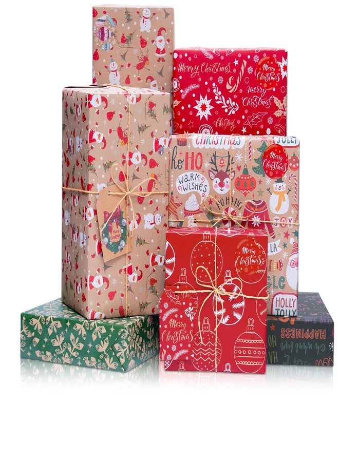 Rancco Christmas Wrapping Paper, 6 Sheets Red and Green Wrapping Paper Set with Tags Stickers and Ribbon, Brown Christmas paper for Xmas Winter Holiday New Year Party Decoration, 27.5x19.7inch - Image 1
